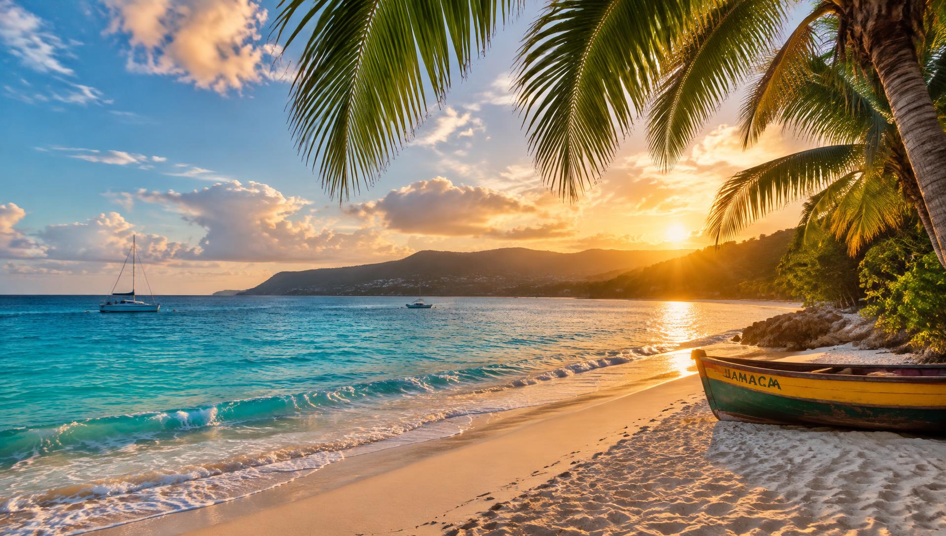 Sunset over a palm-lined Jamaican beach