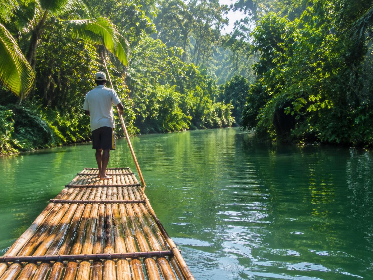 Bamboo raft on a jungle river
